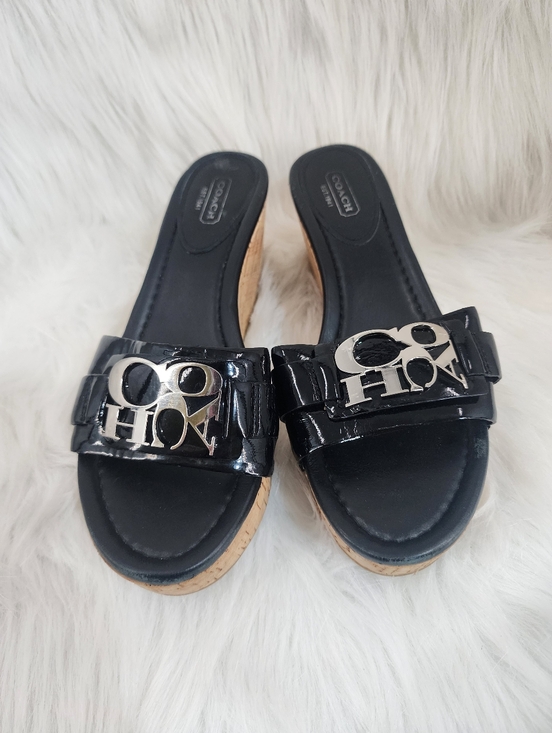 Coach Shoes - NWOT Coach Slip On Black Patent Leather Cork Wedge Sandals Size 7